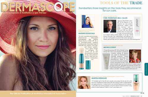 Michele Corley In Dermascope April 2018 Edition Magazine Cover & Article Page